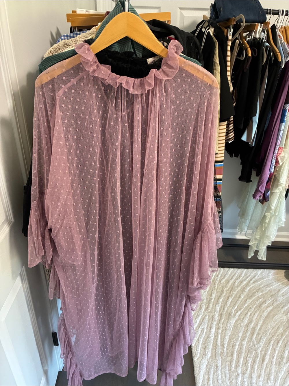 Free People Sheer Ruffle-Trim Polka Dot Kimono in Dusty Rose